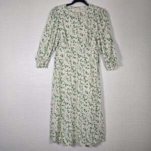 Uniqlo Dress Women XS Green Floral 3/4 Sleeve Pockets Tie Waist Cottage Core